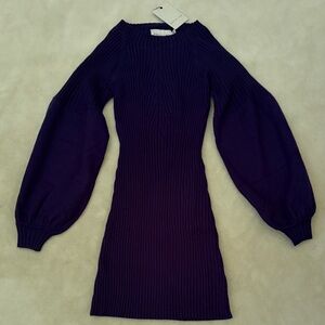 Elegant Royal Blue Knit Dress with Balloon Sleeves
